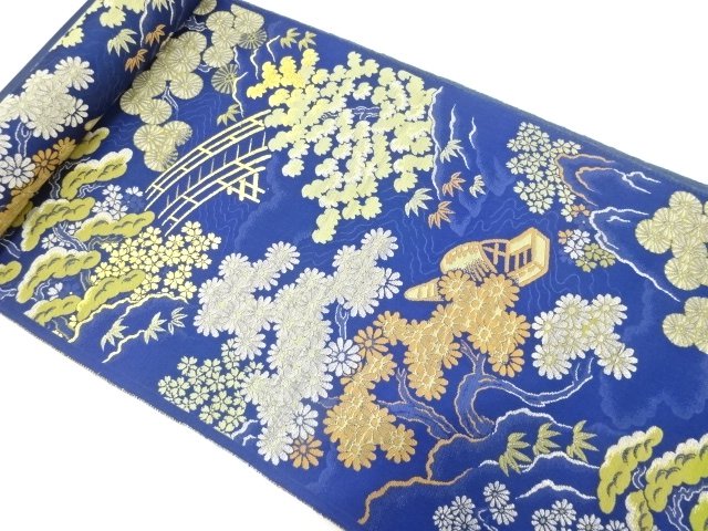 JAPANESE KIMONO / ANTIQUE BOAT A BRIDGE / FLORAL PATTERNS WOVEN- NAGOY